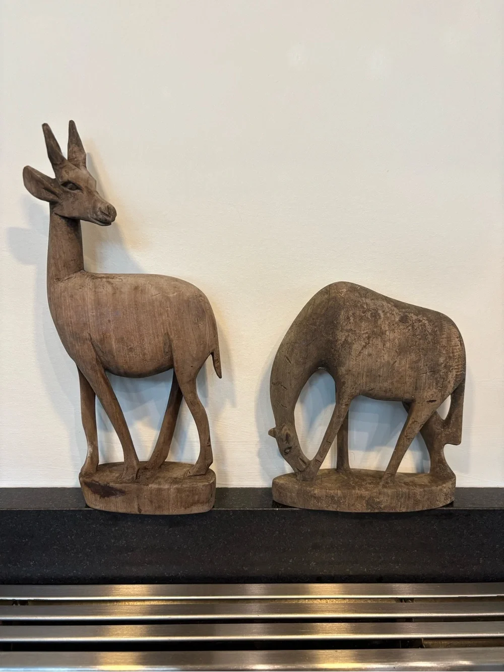 Vintage Hand Carved Rustic Natural Wood Antelope Figurines, Matte, Set Of 2